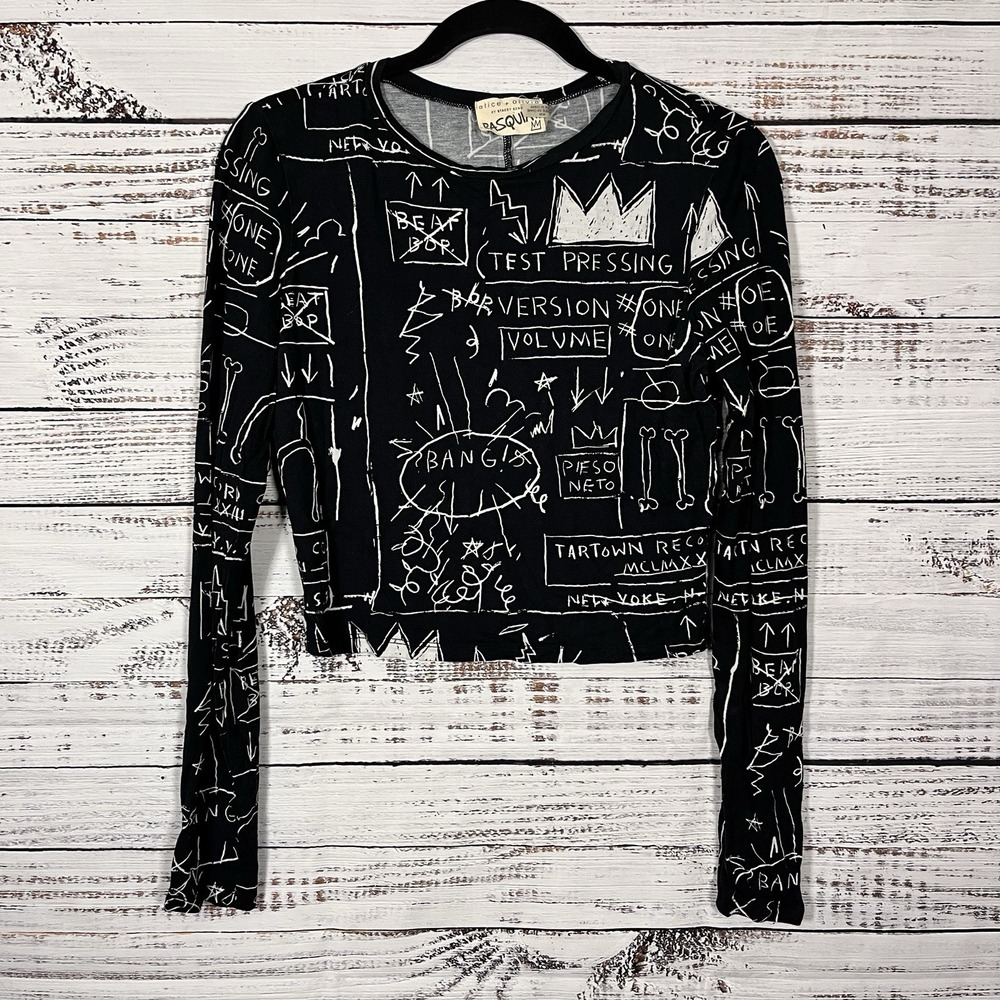 Alice + Olivia x Basquiat Delaina Printed Beat Bop Crop Top Women's Medium Black